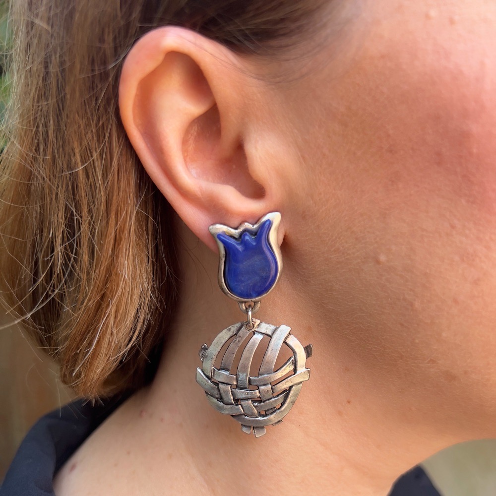 Assai Paris 1980s Blue Resin Tulip Vintage Statement Earrings